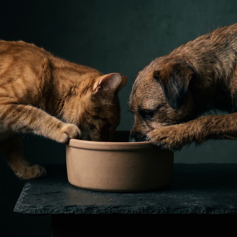 A cat and a dog eating from the same plain ceramic bowl on a dark slate surface.