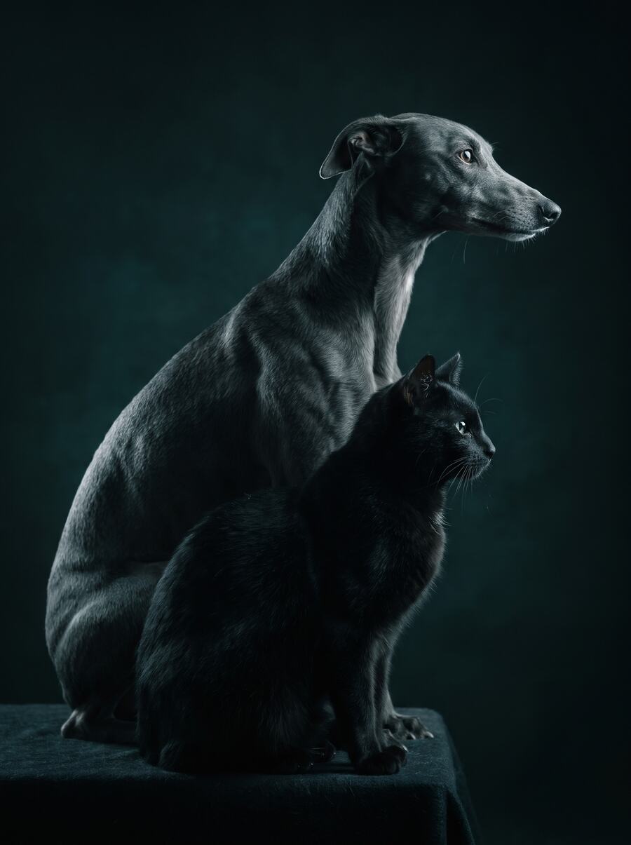 A black cat and a greyhound in profile, rim lit against a near black background.