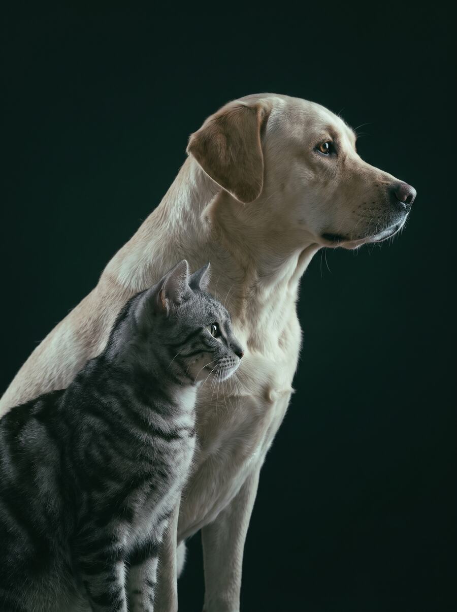 A silver tabby cat and a yellow labrador retriever in profile, rim lit against a near black background.