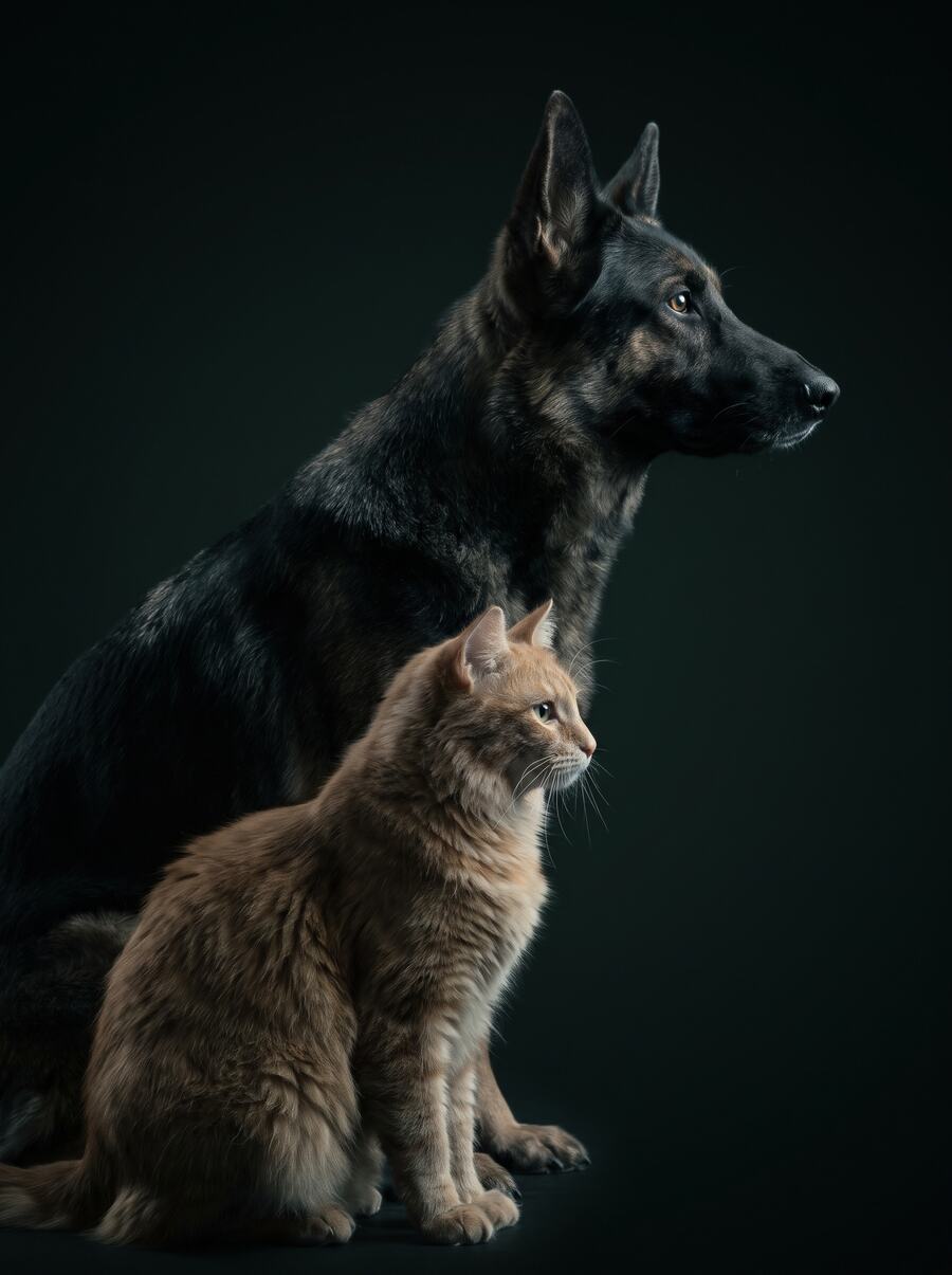 A ginger cat and a german shepherd in profile, rim lit against a near black background.