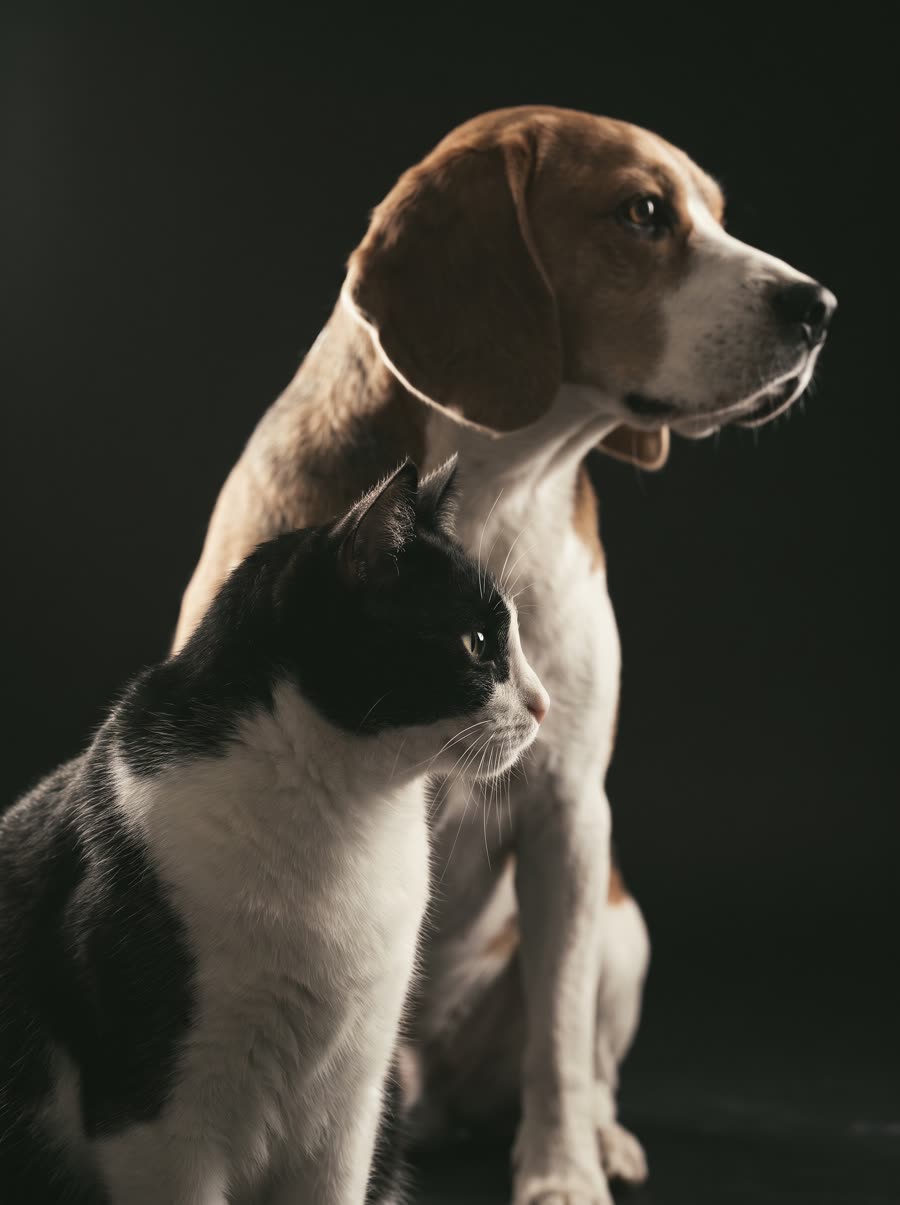 A tuxedo cat and a beagle sitting in profile, rim lit against a near black background.