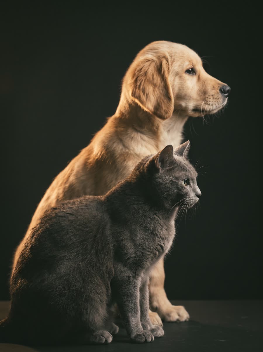 A grey cat and a golden retriever sitting in profile, rim lit against a near black background.