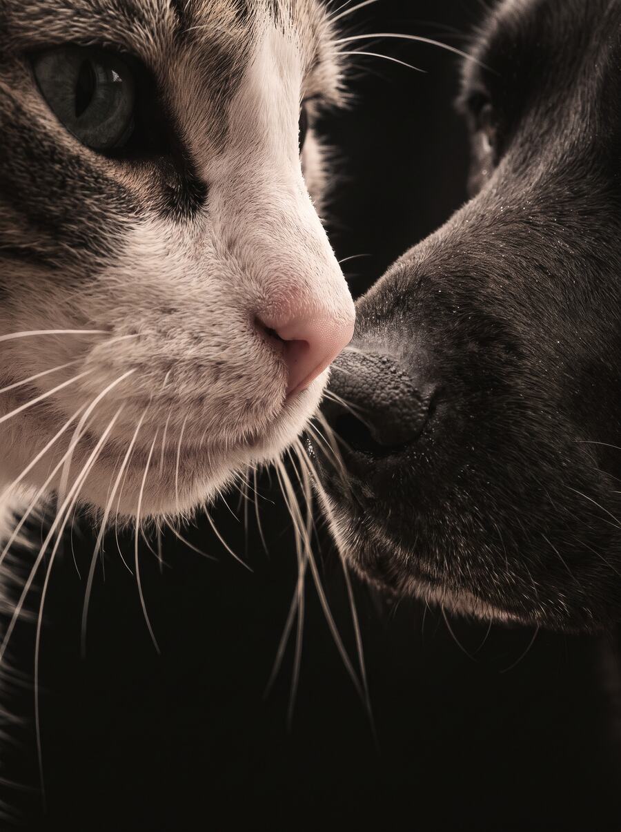 A cat and a dog side by side, close up on their muzzles.