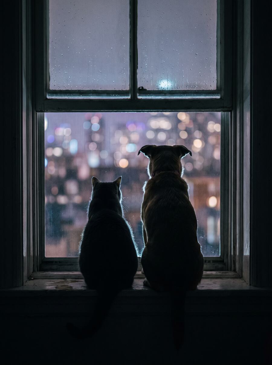 A cat and a dog sitting side by side at a window, silhouetted against the daylight.